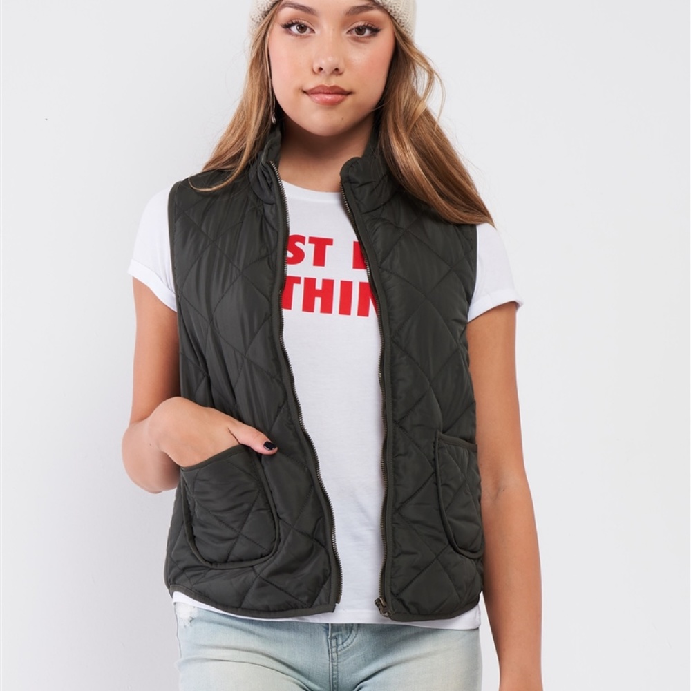 Olive Quilter Puff Zip Up Vest